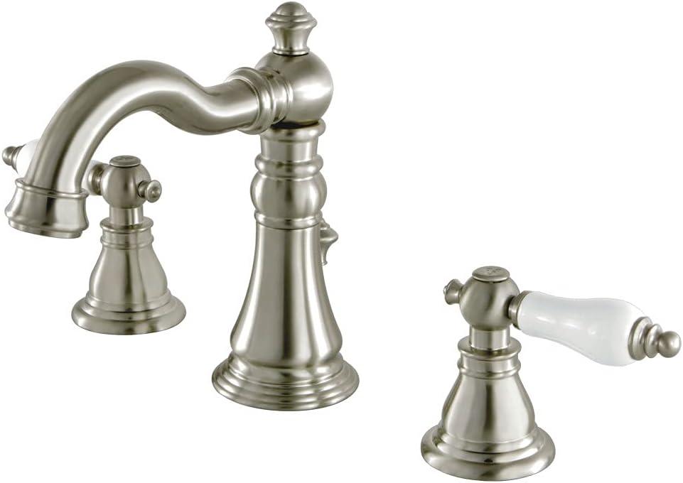 Kingston Brass American Patriot Two-Handle 3-Hole Deck Mount Widespread Bathroom Faucet with Retail Pop-Up Drain