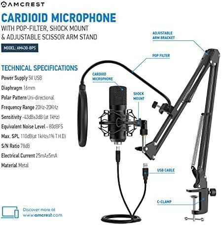 Amcrest USB Microphone for Voice Recordings, Podcasts, Gaming, Online Conferences, Live Streaming, Cardioid Microphone with Boom Arm, Pop-Filter, Shock Mount, AM430-BPS