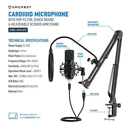 Amcrest USB Microphone for Voice Recordings, Podcasts, Gaming, Online Conferences, Live Streaming, Cardioid Microphone with Boom Arm, Pop-Filter, Shock Mount, AM430-BPS