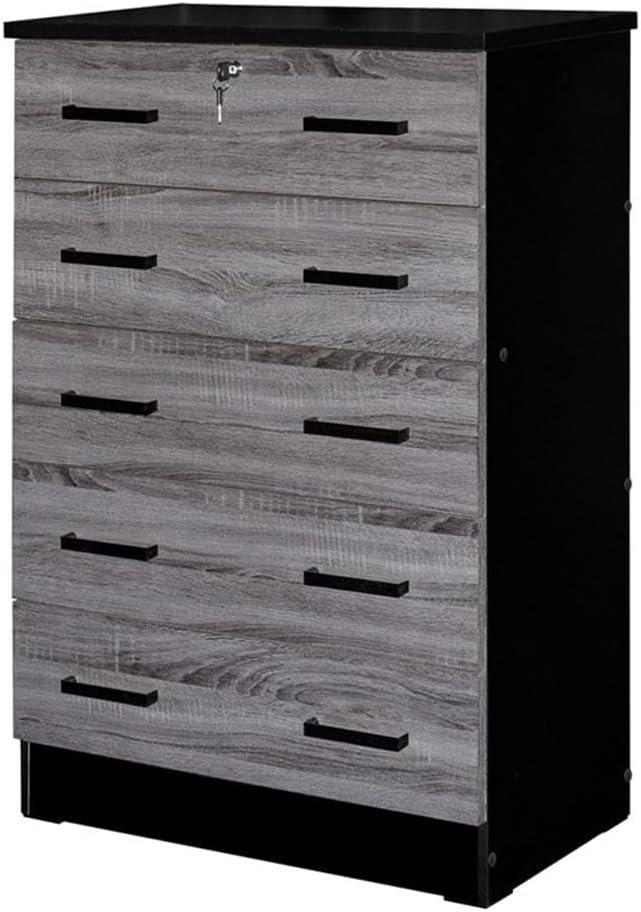 Cindy 5 Drawer Chest Wooden Dresser with Lock, Ebony Black
