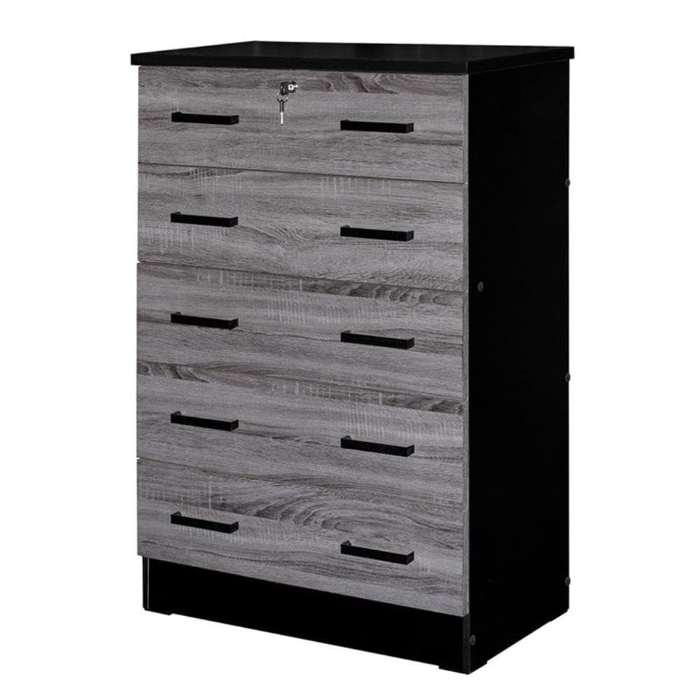 Cindy 5 Drawer Chest Wooden Dresser with Lock, Ebony Black