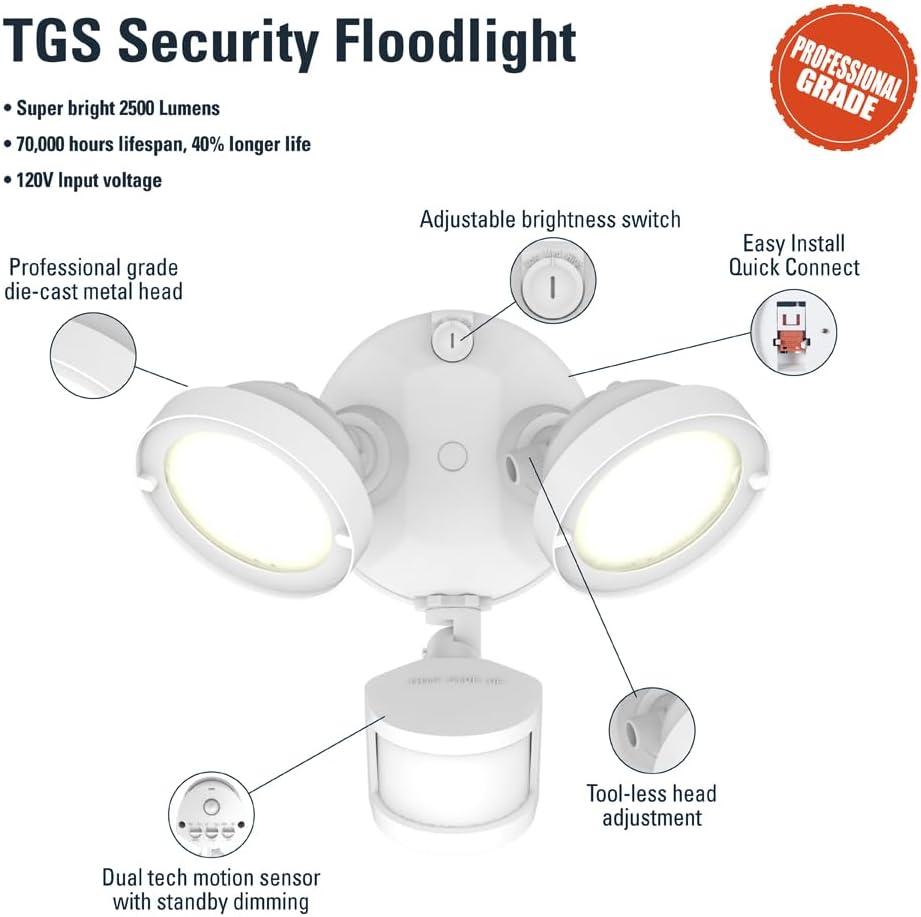 Halo Outdoor TGS2S402MRRW Lumen Selectable 2500 Lumens, 2000 Lumens, 1500 Lumens LED Security Light with 180 Motion Activated Sensor, 2 Round Heads, White