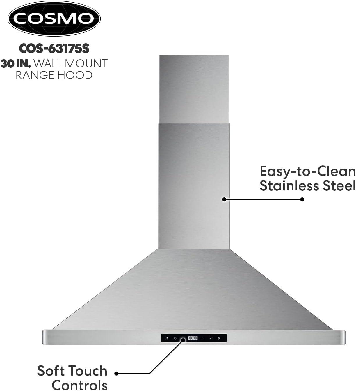 Cosmo 63175S 30 Inch Wall Mount Range Hood w/ Digital Controls, Stainless Steel