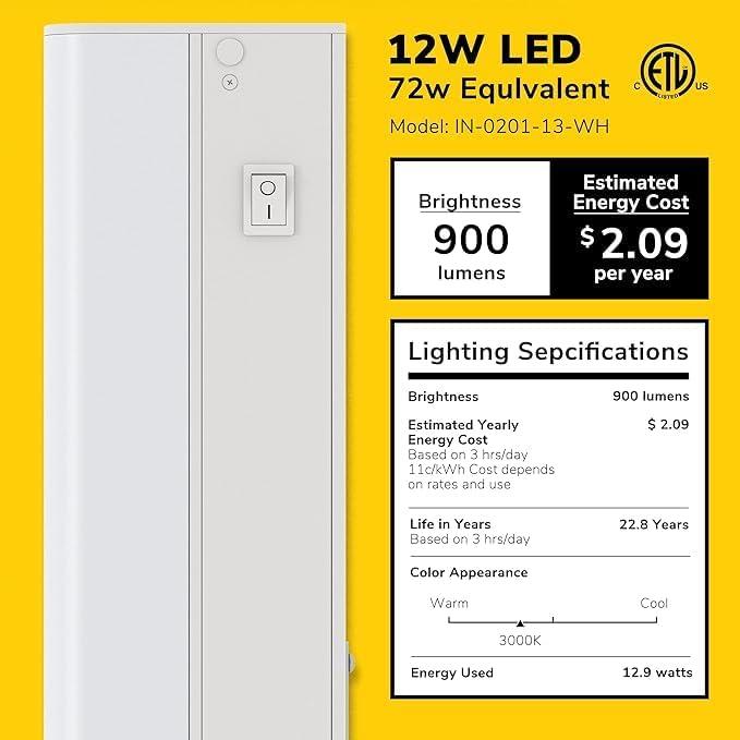 Inlight 5000K Dimmable Under Cabinet LED Lights, selectable 12/18/24/30 inches, Hardwired Only