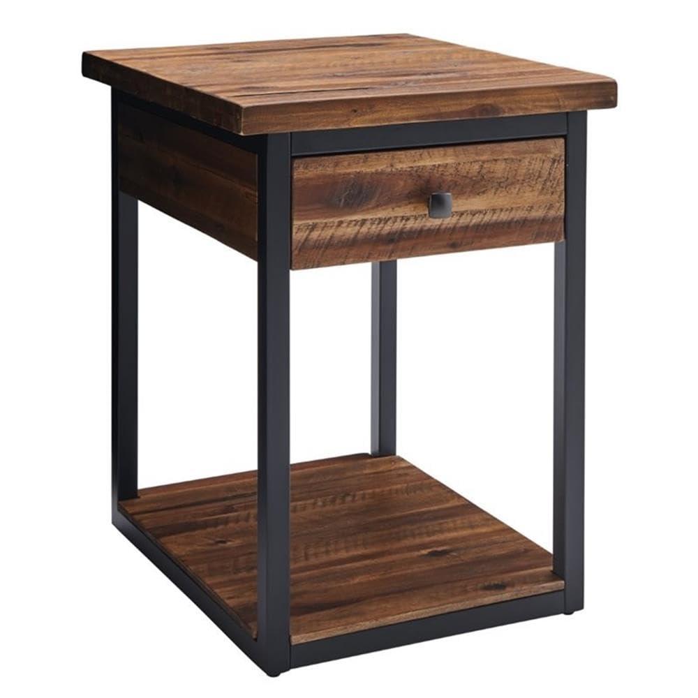 Claremont Rustic Wood End Table with Drawer and Low Shelf Dark Brown - Alaterre Furniture: Steel Frame, Acacia Top, Spot Clean