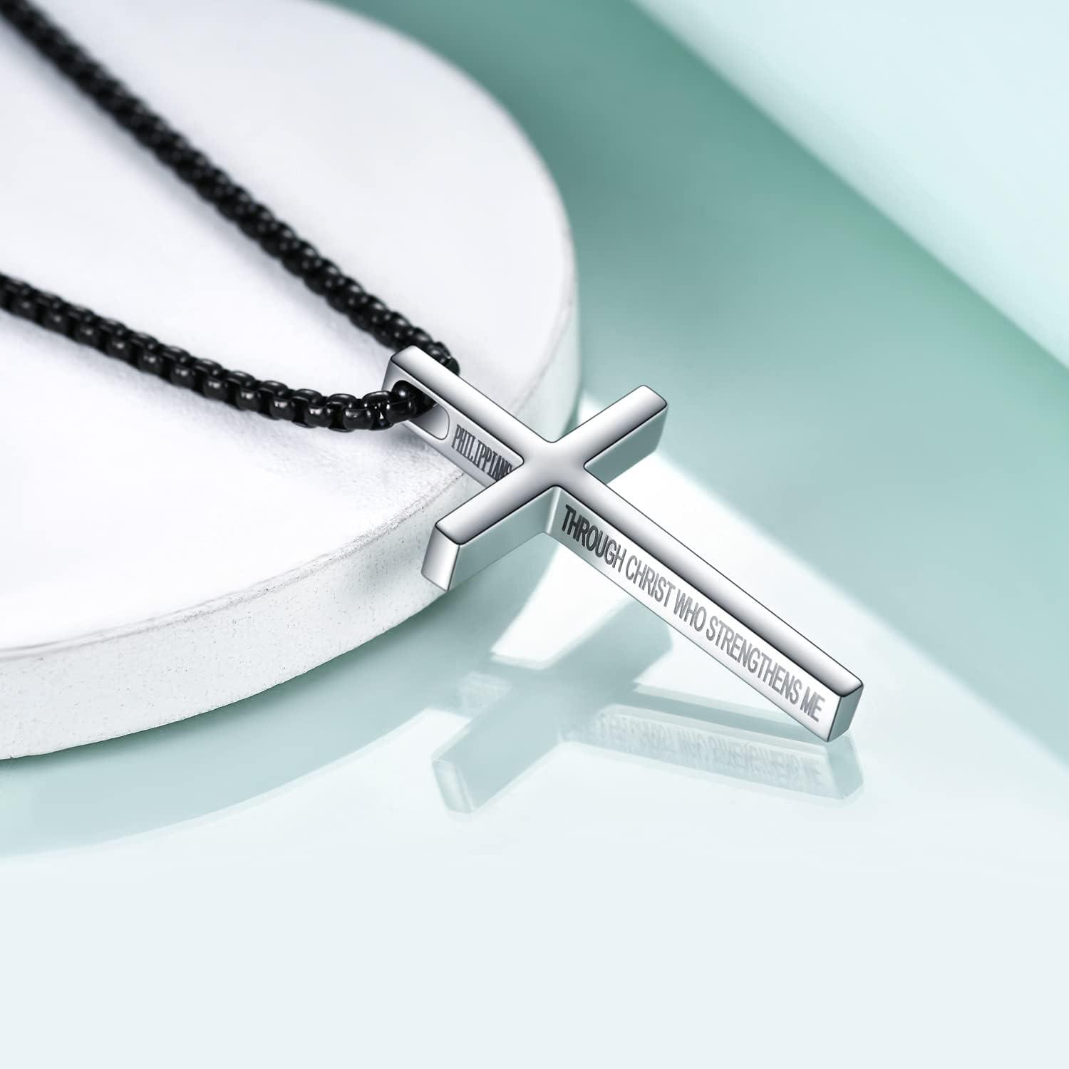 Philippians 4:13 Cross Pendant Necklace, I CAN DO ALL THINGS Bible Verse Stainless Steel Necklace Confirmation Jewelry Gifts