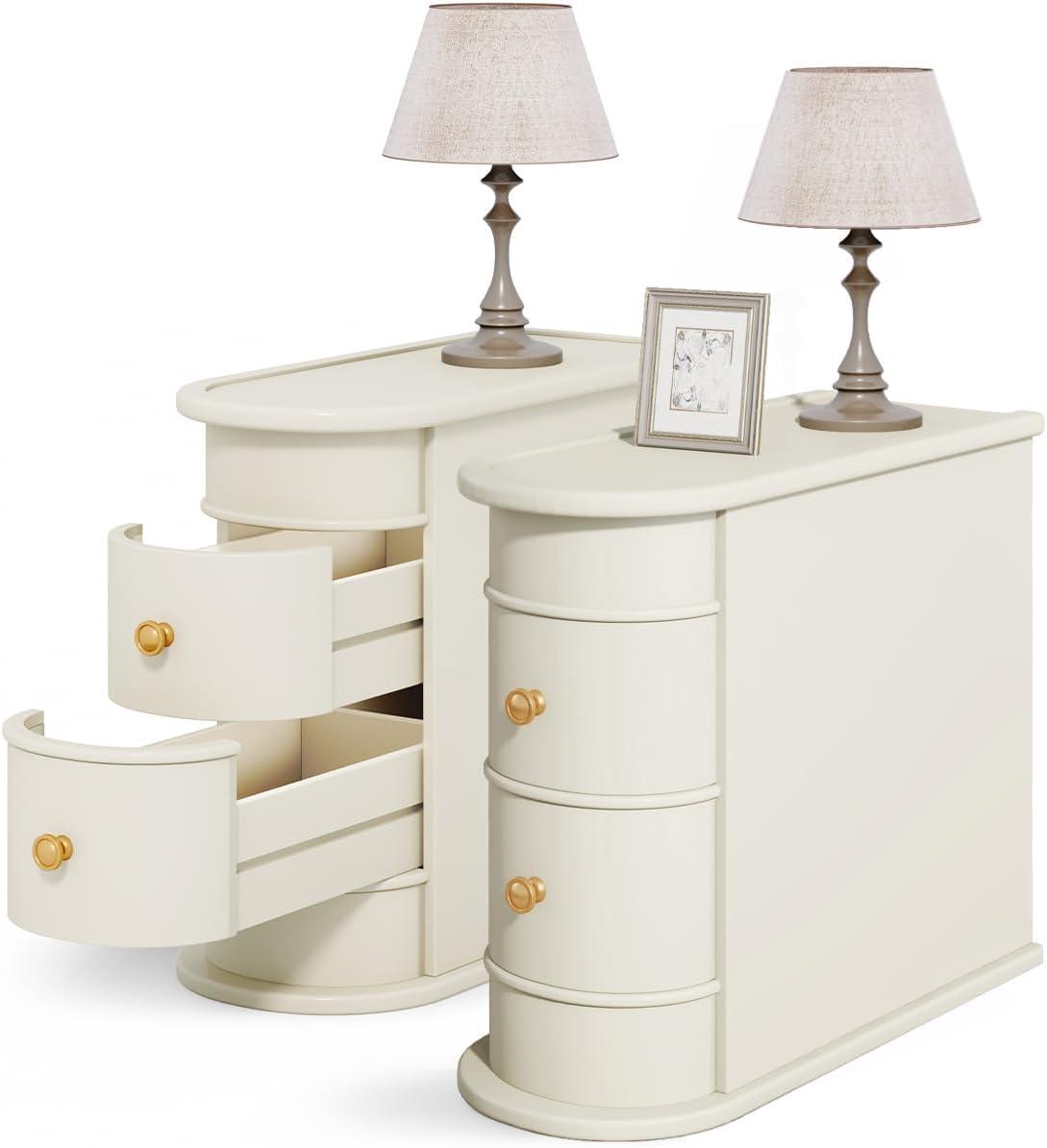 Hommoo Wood Narrow Nightstand with 2 Drawers Off-White