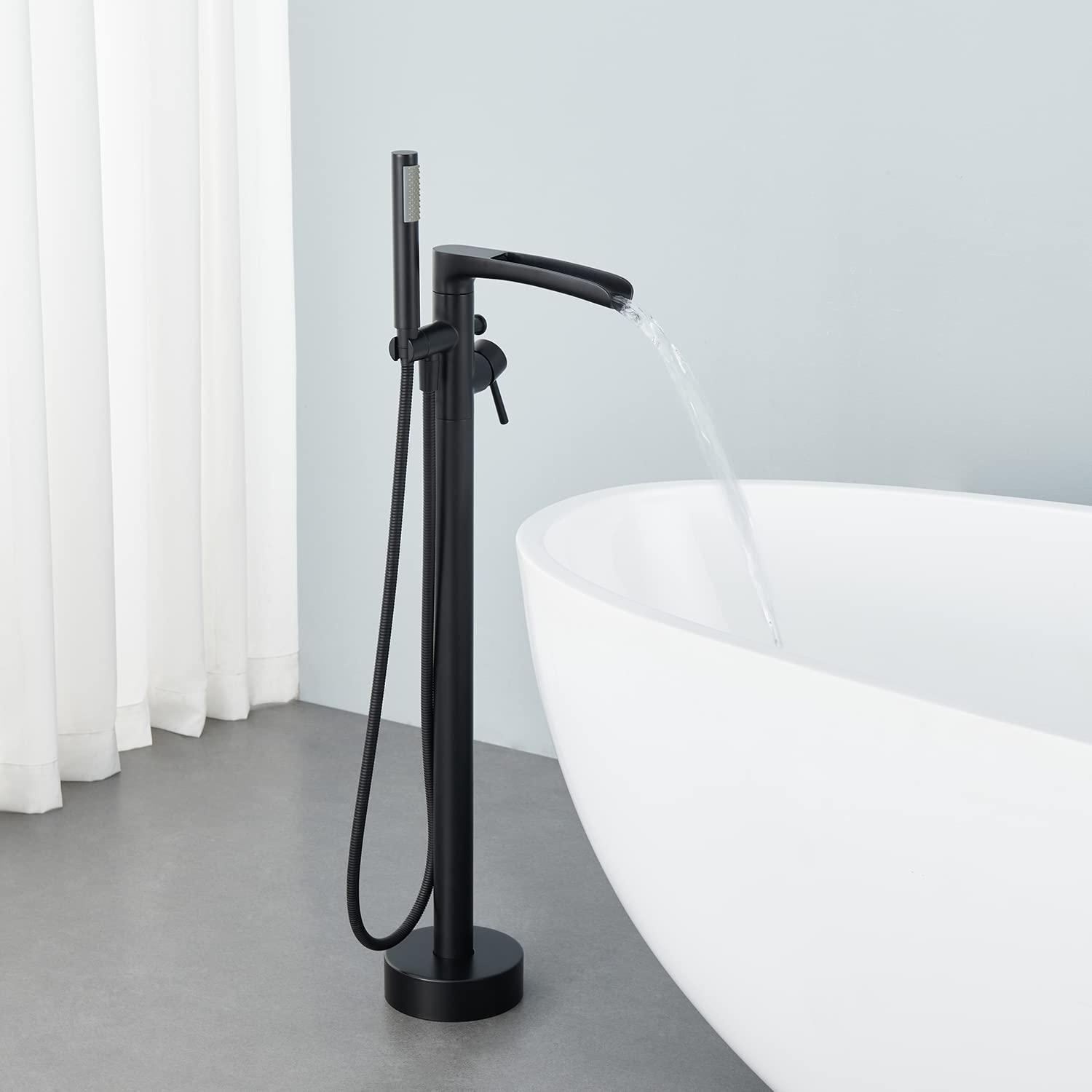 MOGFCT Waterfall Freestanding Bathtub Faucet Set Single Handle Floor Mount Tub Filler with Hand Shower ,Matte Black
