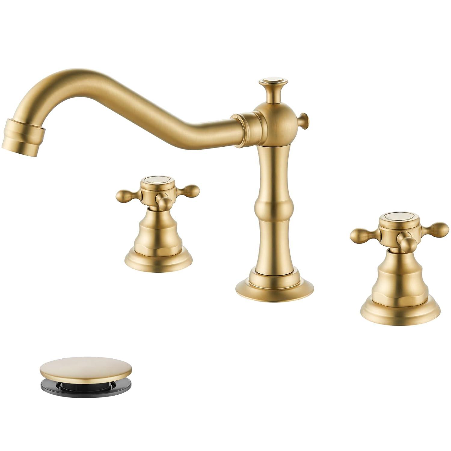 gotonovo Bathroom Faucet 3 Hole 8 Inch Widespread Bathroom Sink Faucet 2 Cross Handles Vintage Lavatory Vanity Mixer Tap with Pop Up Drain, H C Label, Antique Brass