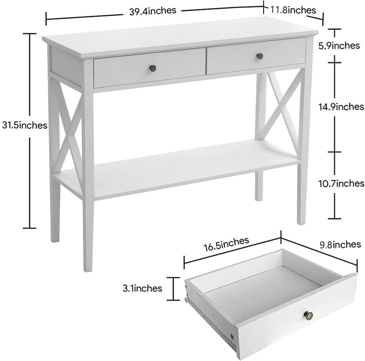 White and Dark Brown Rectangular Console Table with Drawers and Shelf