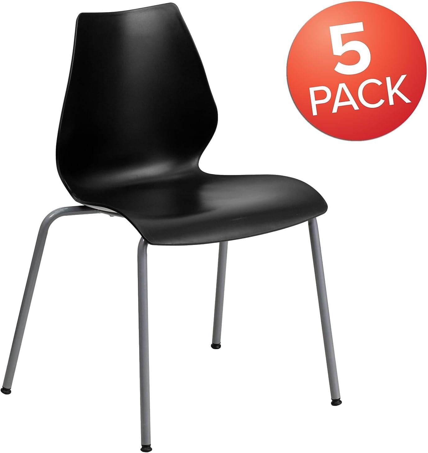 Flash Furniture 5 Pack HERCULES Series 770 lb. Capacity Black Stack Chair with Lumbar Support and Silver Frame