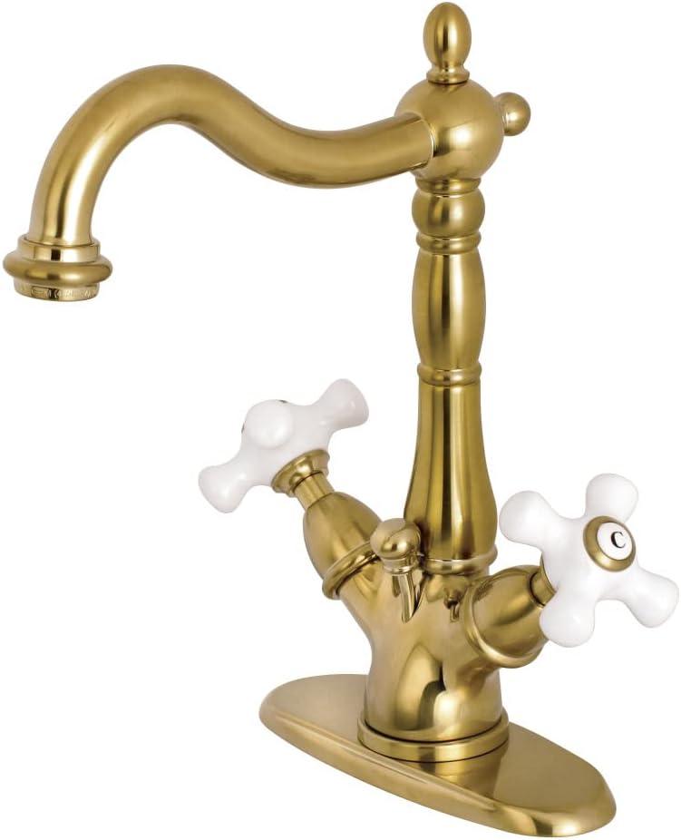 Kingston Brass Heritage Two-Handle 1-or-3 Hole Deck Mount Bathroom Faucet with Brass Pop-Up