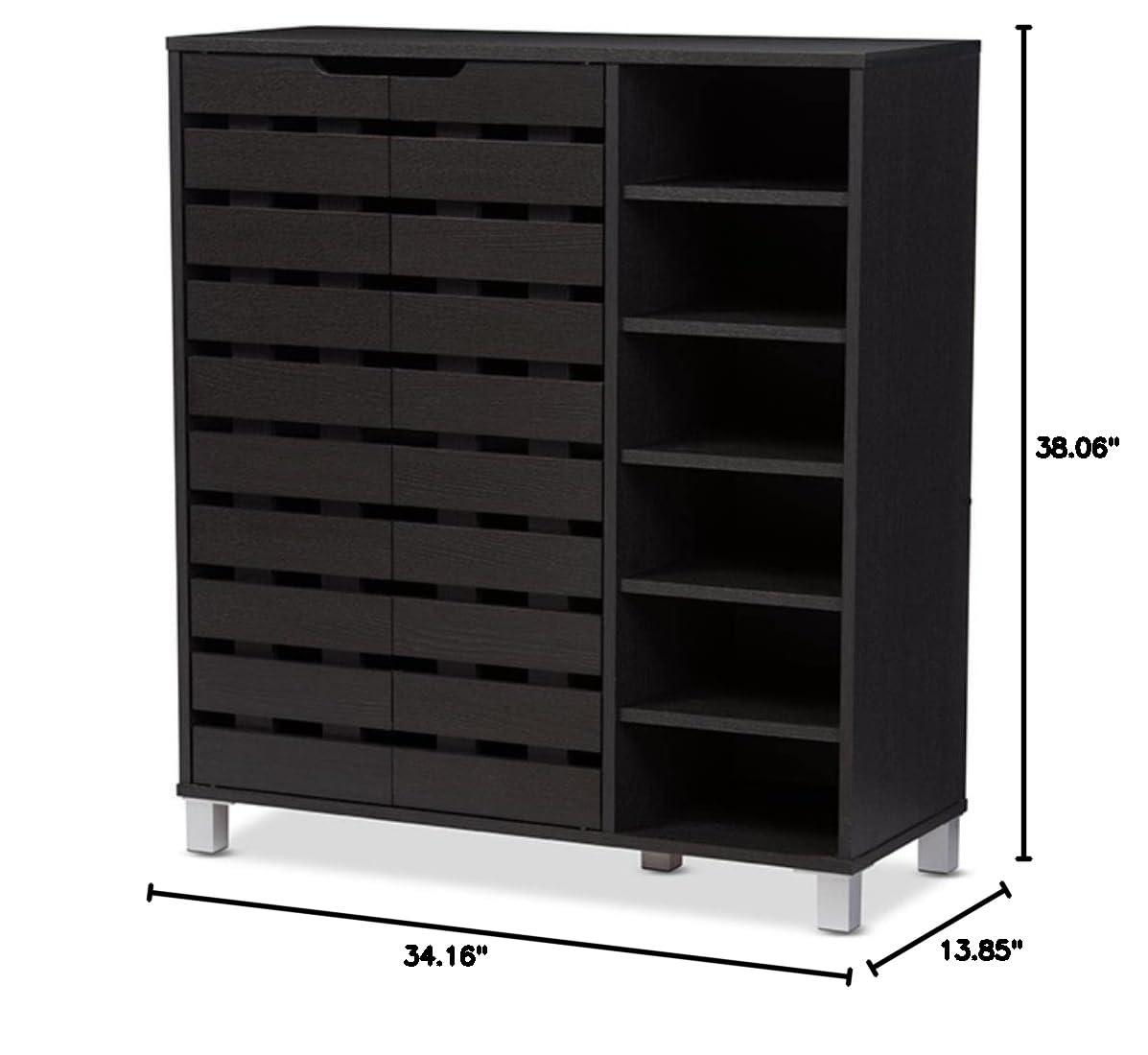 Shirley Modern and Contemporary Wood 2-Door Shoe Cabinet with Open Shelves - Dark Brown - Baxton Studio: Espresso Finish, Metal Frame, 10 Compartments