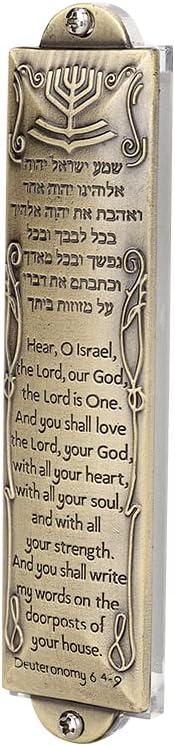 BRTAGG Metal Mezuzah for Door, Install Use Double-Sided Tape, 5.3" Tall, English & Hebrew Scripture, Bronze, Easy Peel and Stick Mezuzahs Cover Jewish Gifts (for 4 Inches Scroll)