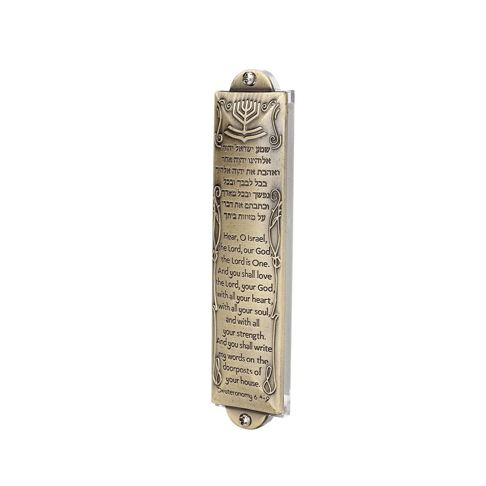 BRTAGG Metal Mezuzah for Door, Install Use Double-Sided Tape, 5.3" Tall, English & Hebrew Scripture, Bronze, Easy Peel and Stick Mezuzahs Cover Jewish Gifts (for 4 Inches Scroll)