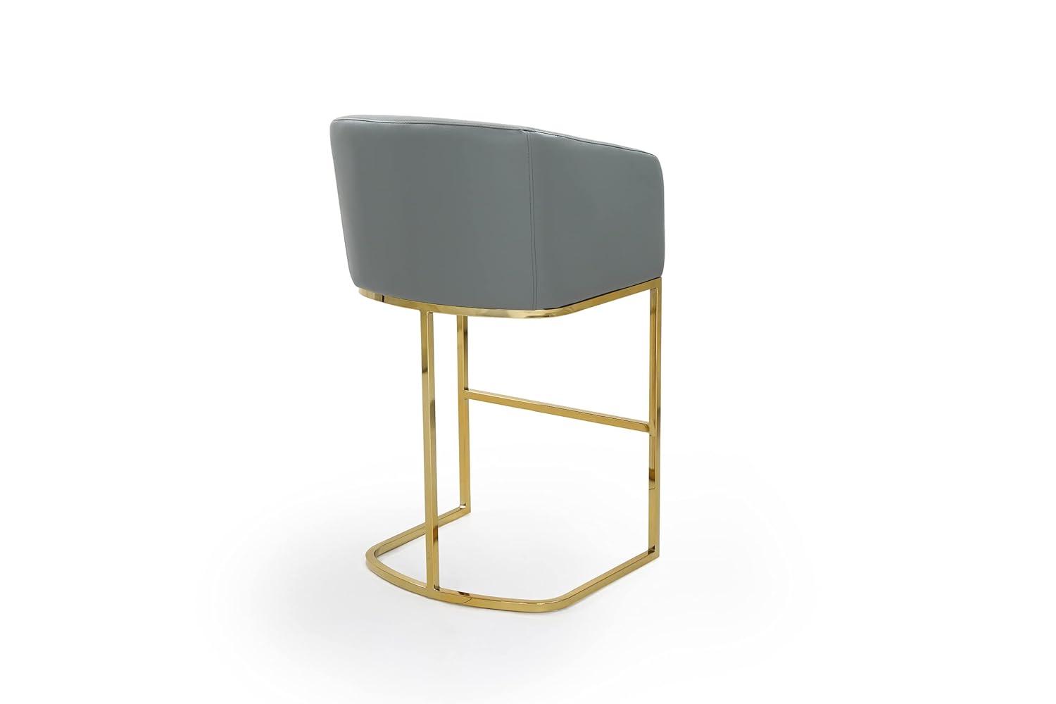 Tess Bar Stool Chair PU Leather Upholstered Shelter Arm Design Half-Moon Goldtone Solid Metal U-Shaped Base Modern Contemporary, Grey