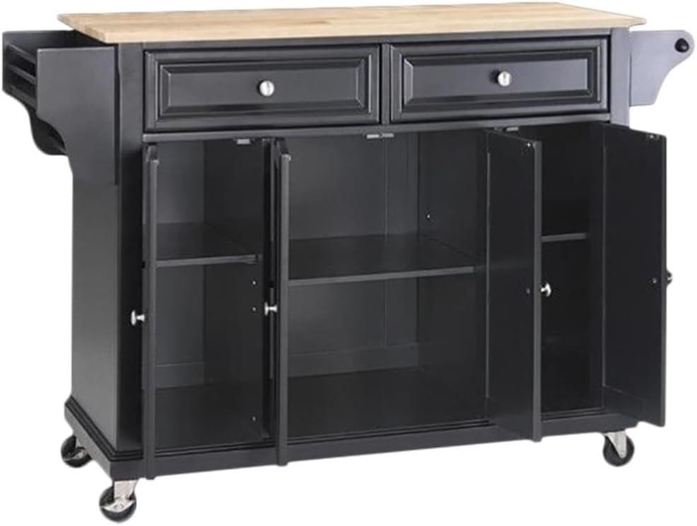 Full Size Wood Top Kitchen Cart Black - Crosley: Mobile Storage, 3 Cabinets, Spice Rack