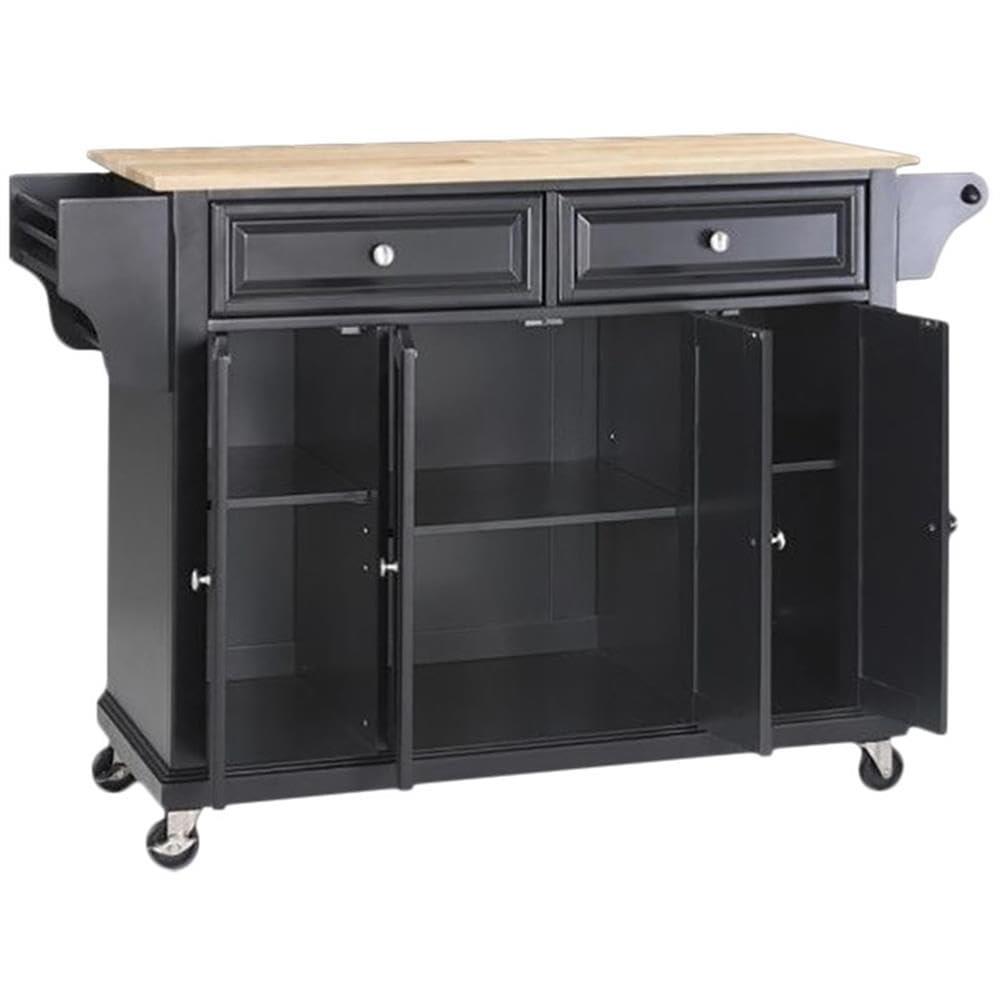 Full Size Wood Top Kitchen Cart Black - Crosley: Mobile Storage, 3 Cabinets, Spice Rack
