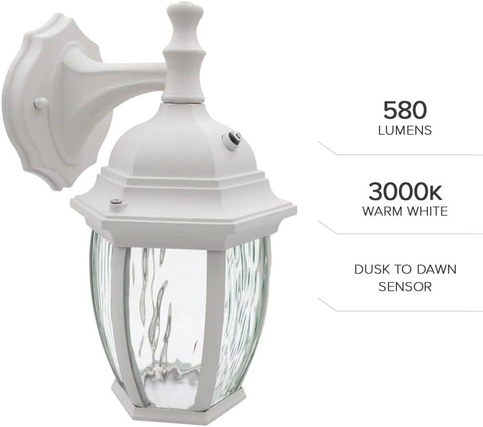 Maxxima LED Outdoor Wall Light, White w/ Clear Water Glass, Dusk to Dawn Sensor, 580 Lumens, 3000K Warm White