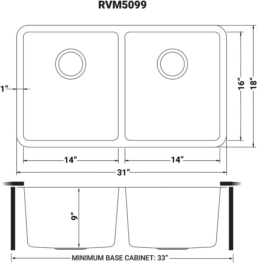 Ruvati Rvm5099 Modena 31" Undermount Double Basin 16 Gauge Stainless Steel Kitchen Sink -