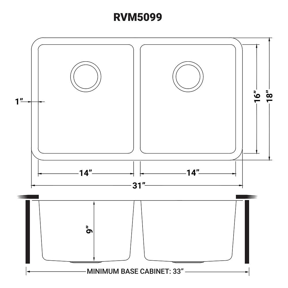 Ruvati Rvm5099 Modena 31" Undermount Double Basin 16 Gauge Stainless Steel Kitchen Sink -