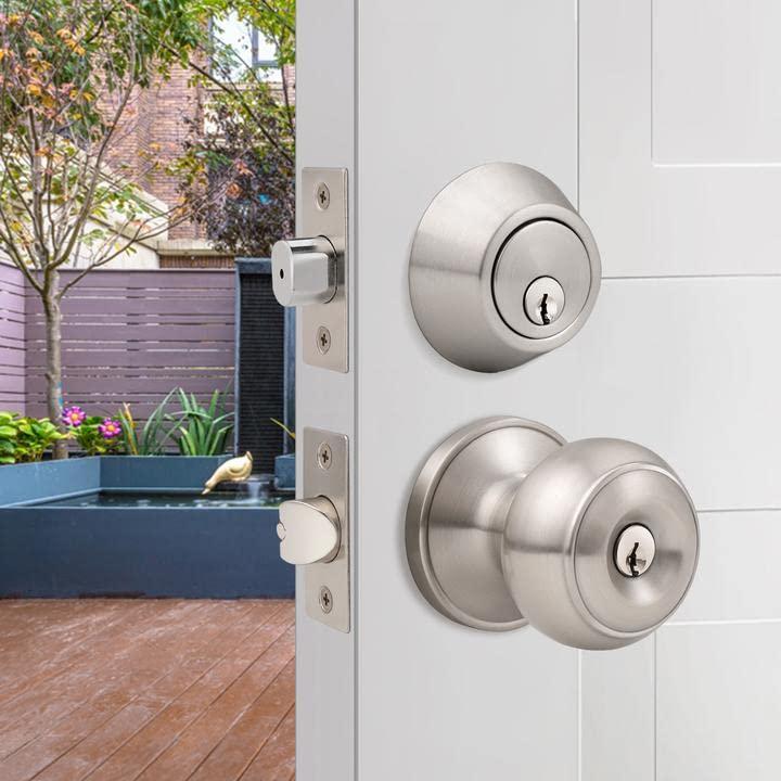 Brushed Nickel Round Stainless Steel Entry Knob and Deadbolt Set