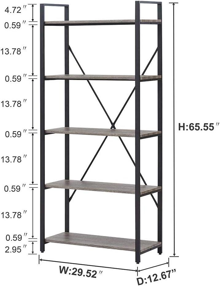 Dark Gray Oak and Black 5-Tier Industrial Bookshelf