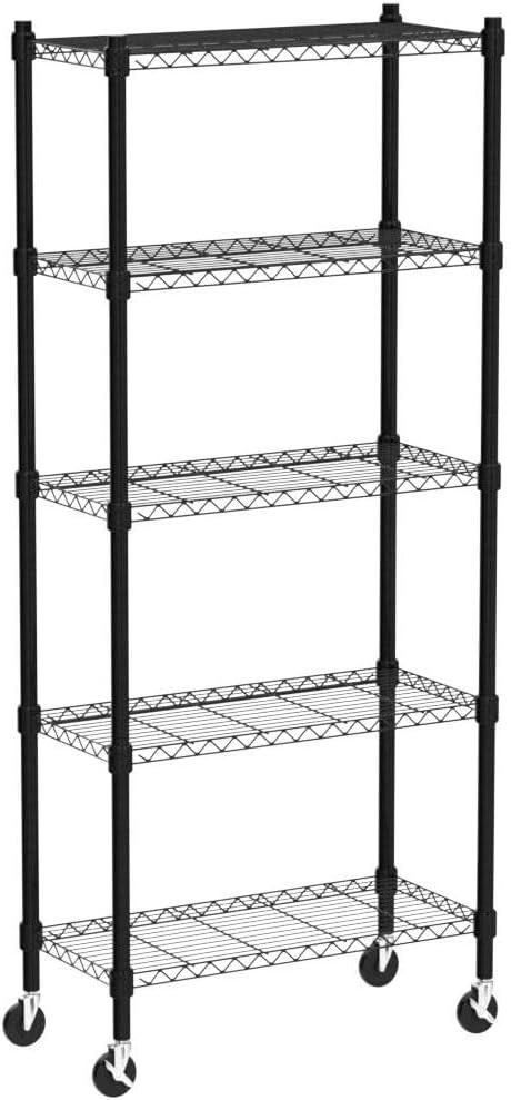 EFINE 5-Shelf Shelving Units and Storage on 3'' Wheels, Adjustable Heavy Duty Carbon Steel Wire Shelving Unit for Garage, Kitchen, Office (30L x 14W x 63.7H)