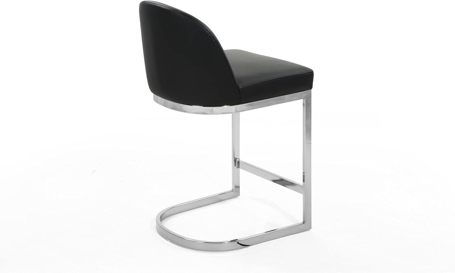 Xander Counter Stool Chair PU Leather Upholstered Armless Design Half-Moon Chrome Plated Solid Metal U-Shaped Base Modern Contemporary, Black