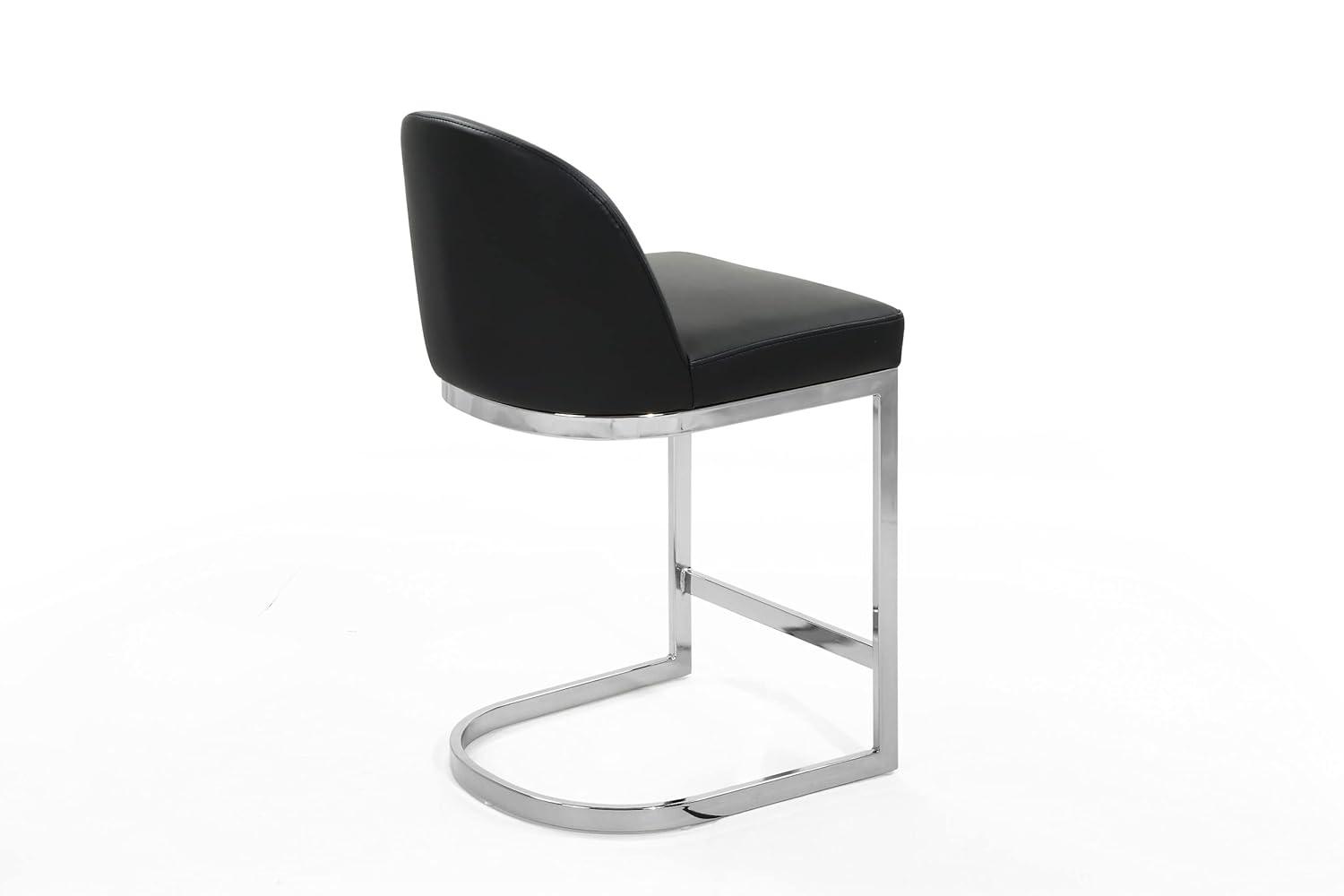 Xander Counter Stool Chair PU Leather Upholstered Armless Design Half-Moon Chrome Plated Solid Metal U-Shaped Base Modern Contemporary, Black