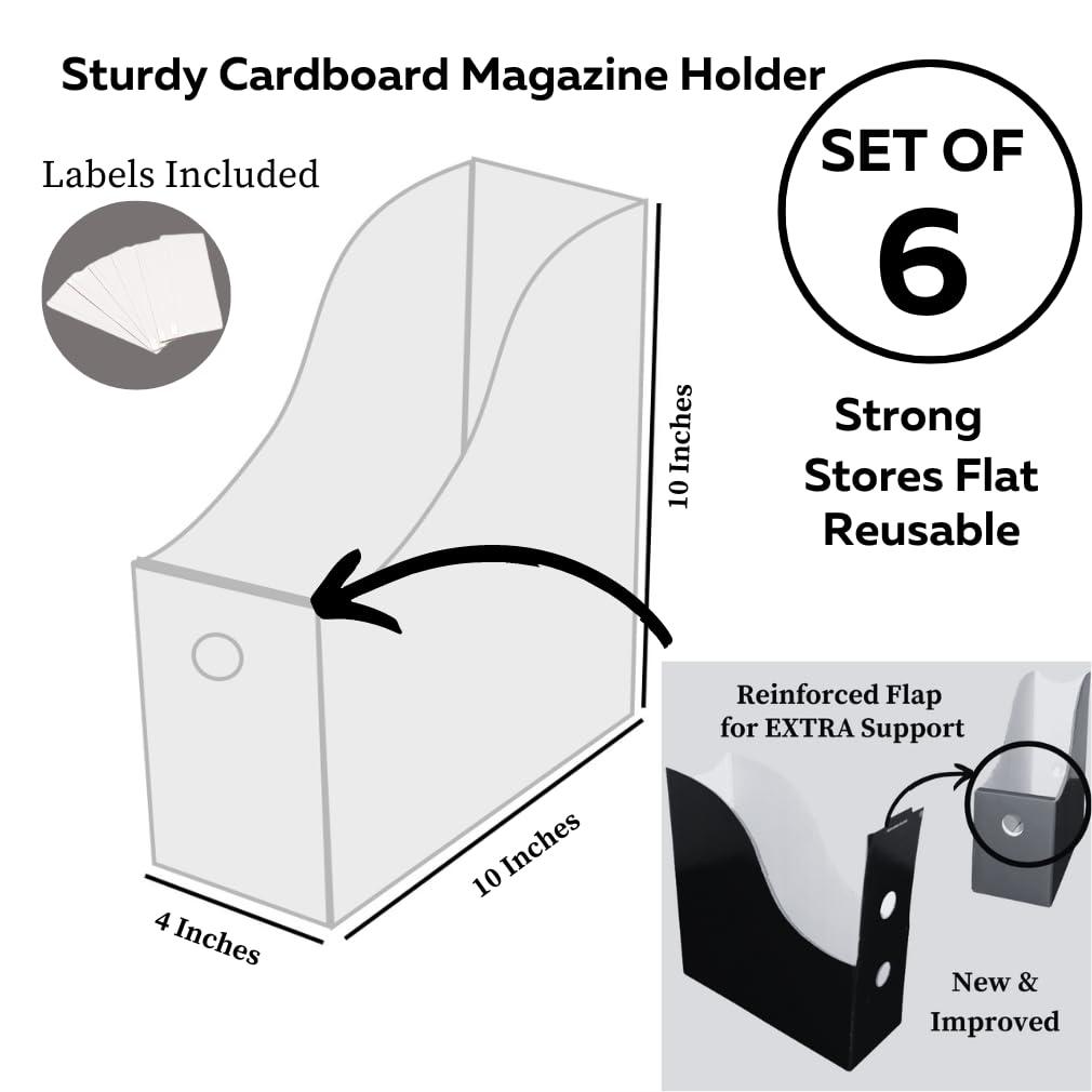 Evelots Magazine File Holder -Set of 6 White - Office Desk Organizer - Sturdy Cardboard - New Upgraded Double Front Panel -4" Wide-Easy Assemble