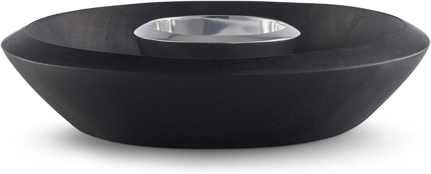 Nambe - Noir Collection Dark Stained Acacia Wood Chip & Dip Serving Bowl with Nambe Alloy Dip Bowl #MT1468