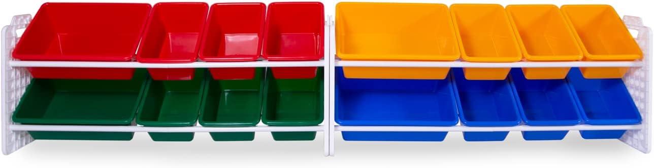 UNiPLAY Toy Organizer With 16 Removable Storage Bins, Multi-Bin Organizer for Books, Building Blocks, School Materials, Toys with Baseplate Board Frame (Primary)