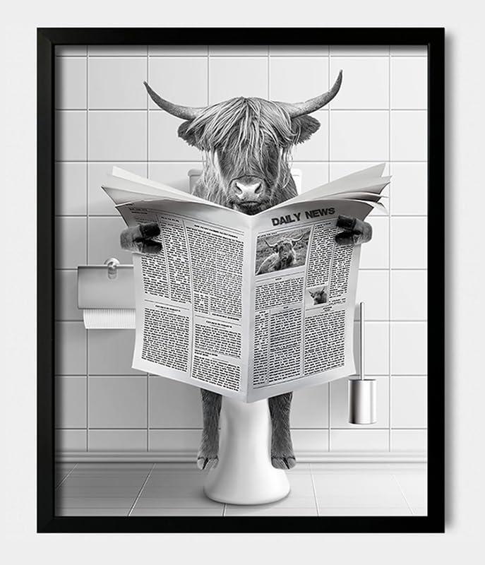 Modern Black Framed Highland Cow Wall Art Minimalist Bathroom Wall Decor Cute Funny Animals Artwork Canvas Prints Ready to Hang for Guest Bathroom, Hotel, Condo, Kids Bathroom, 12”x16”