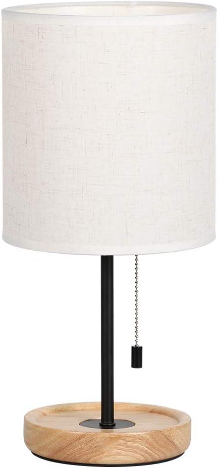 Contemporary Desk Lamp with Metal Frame, Wooden Base, Pull Chain Switch
