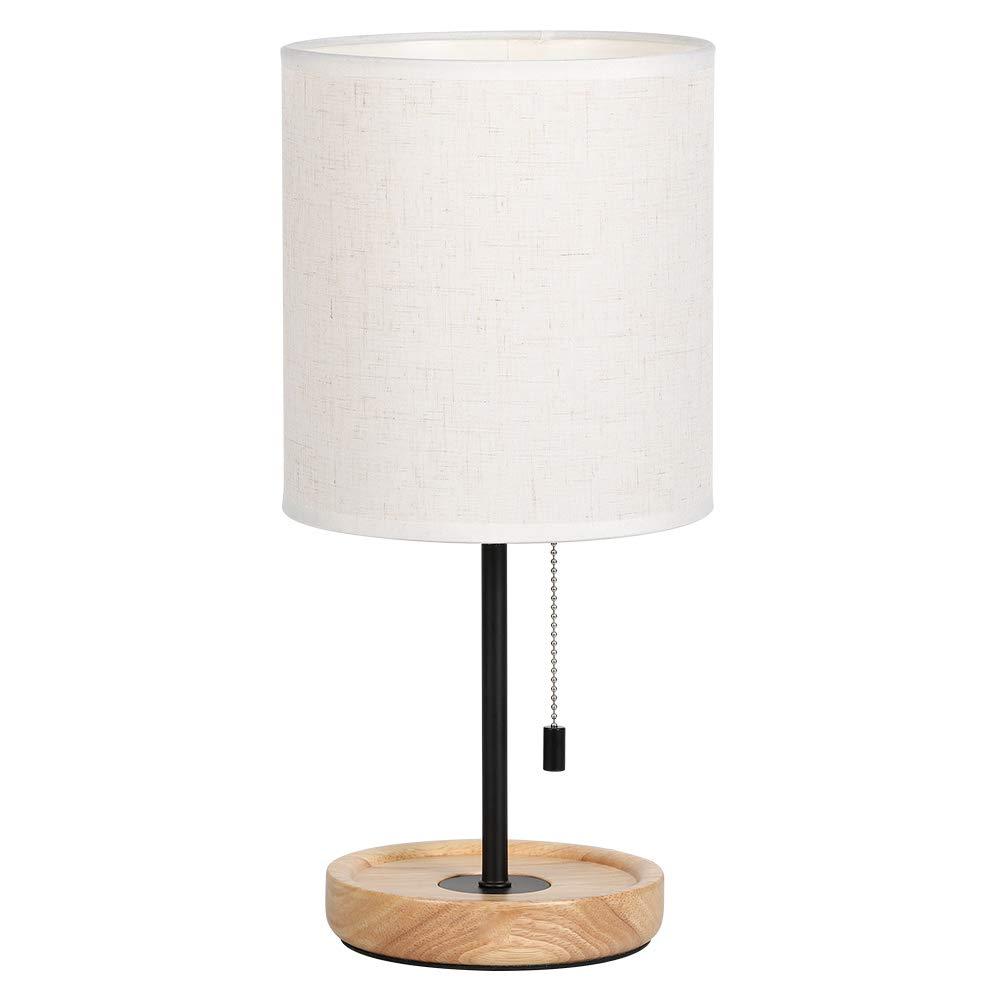 Contemporary Desk Lamp with Metal Frame, Wooden Base, Pull Chain Switch