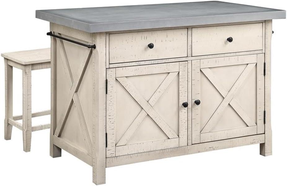 OSP Furniture Nashville Kitchen Island with Cement like Grey Top and 2 Stools