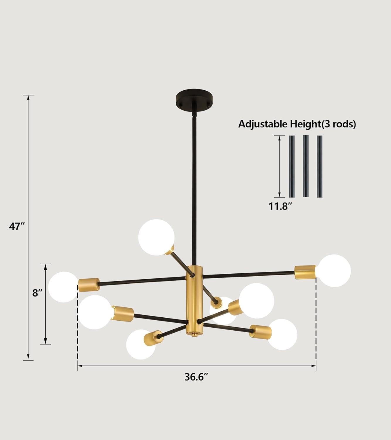 KAISITE Modern Sputnik Chandelier - 8-Light Ceiling Light Fixture Height Adjustable Mid Century Plating Finished Black and Gold Chandelier for Bedroom Living Room Dining Room Kitchen Foyer