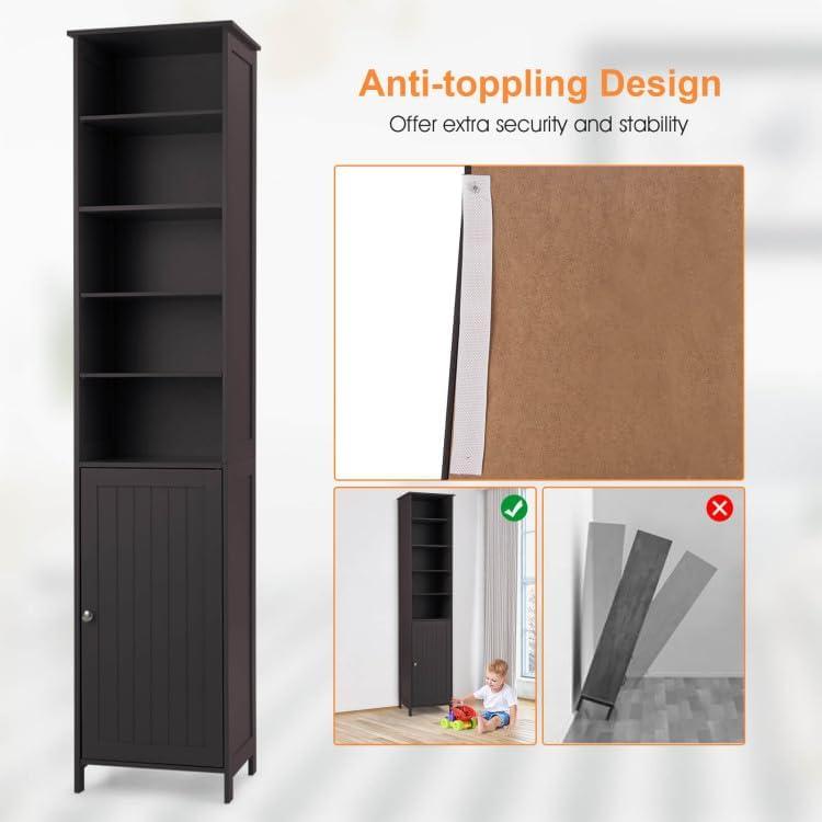 Brown Tall Slim Bathroom Storage Cabinet with Adjustable Shelves