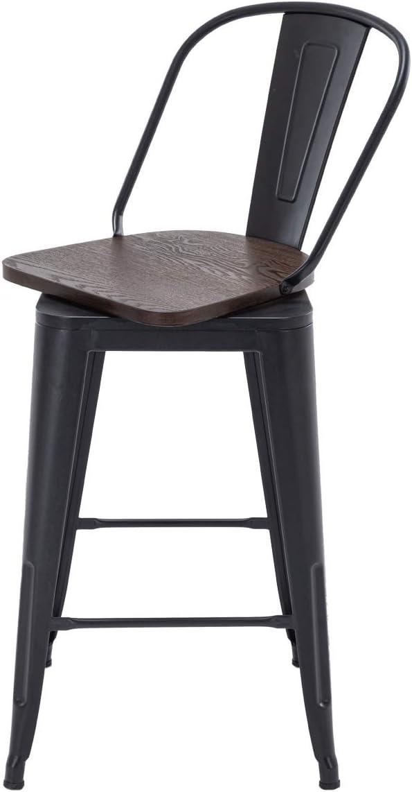 24" Black Metal and Wood Swivel Backless Bar Stools Set