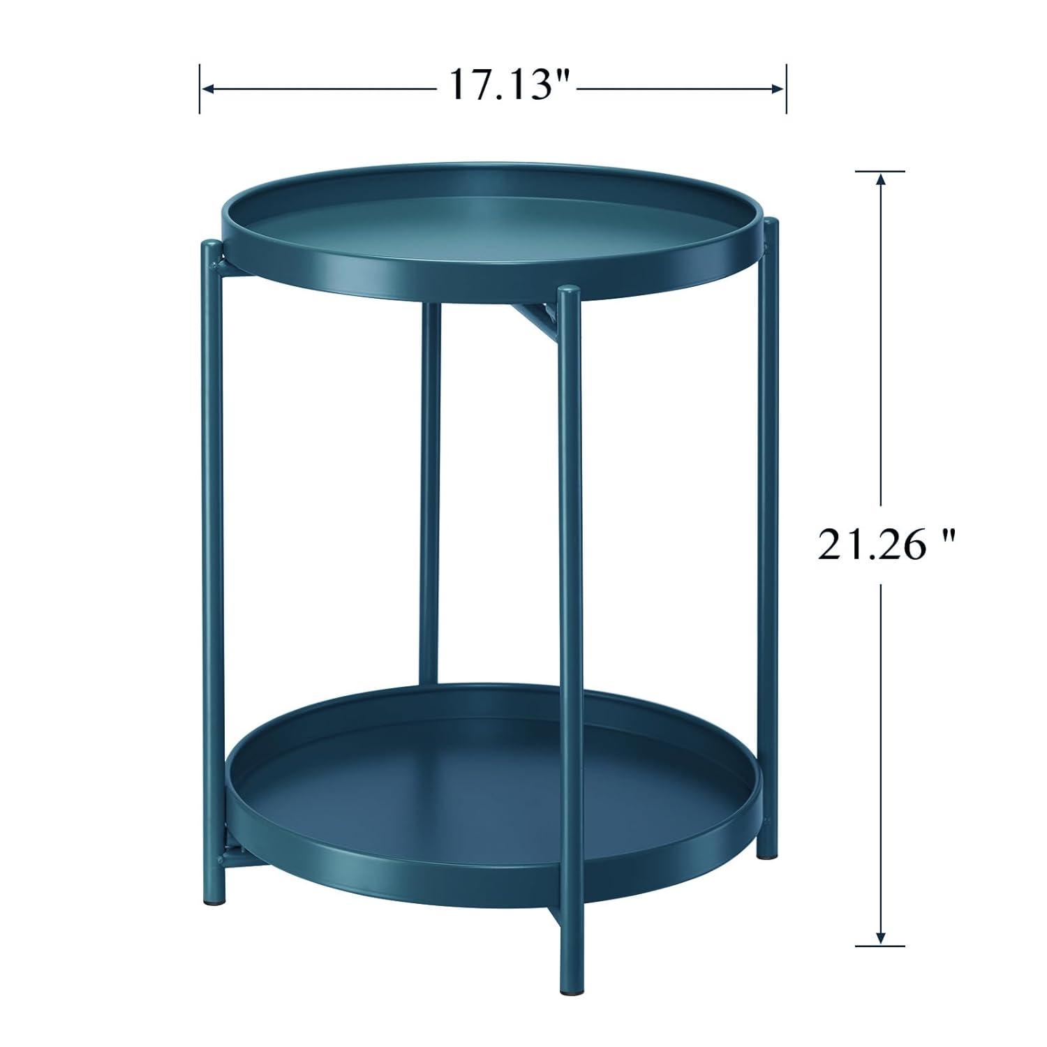 HollyHOME 2-Tier Round Side Table, Outdoor Small Folding Accent Stand with Removable Tray, Anti-Rust Metal Asional Table for Balcony Patio Living Room, Nightstand for Bedroom(Navy Blue)