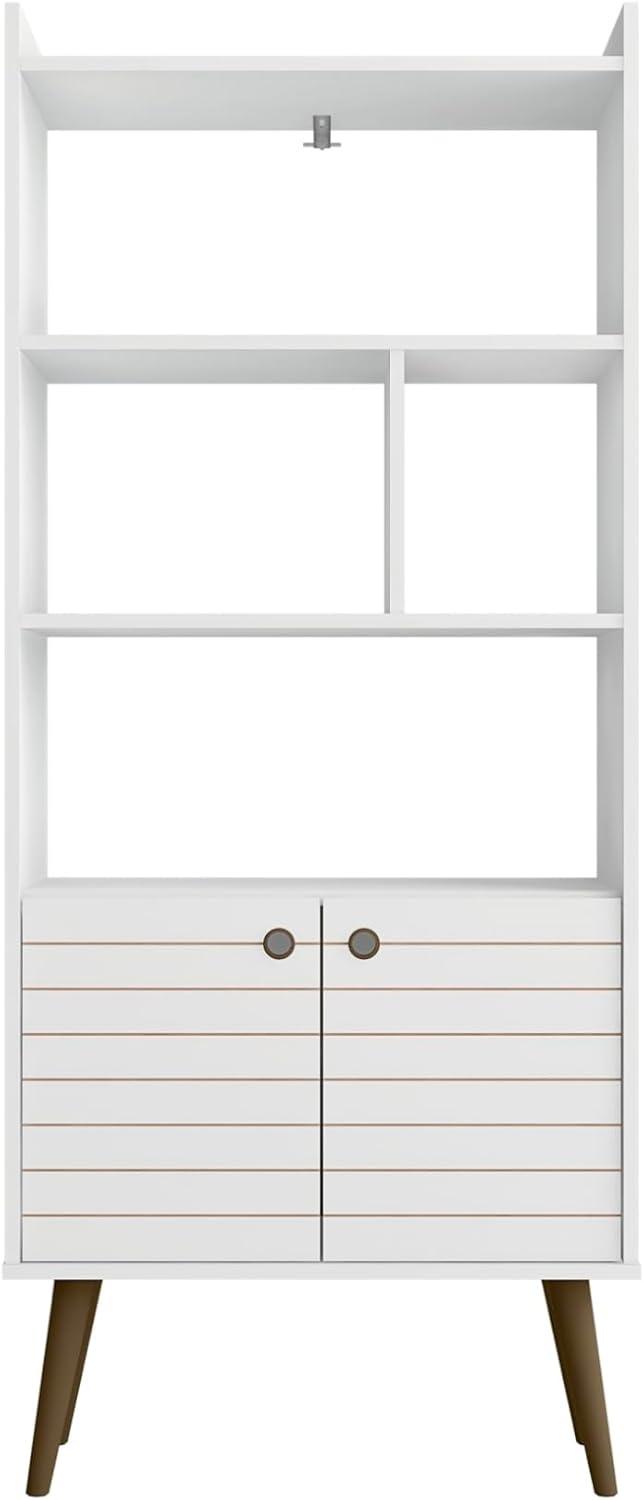 Mid-Century Modern White and Wood 3-Tier Bookshelf with Doors