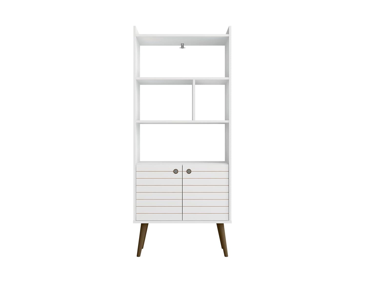 Mid-Century Modern White and Wood 3-Tier Bookshelf with Doors