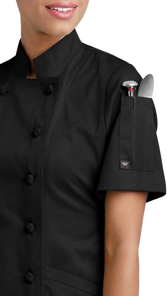 Women's Black Short Sleeve Chef Coat with Knotted Buttons