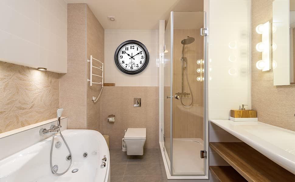 12 Inch Retro Silent Wall Clock,Indoor and Outdoor,Waterproof,Thermometer,Black