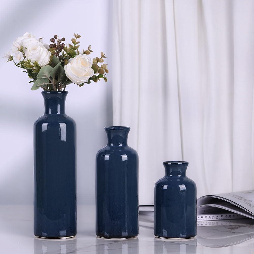 Blue Ceramic Vase Set for 3 - Modern Waterproof Small Vases, Farmhouse Country Home Decor, Living Room, Table, Fireplace, and Entrance Centerpieces