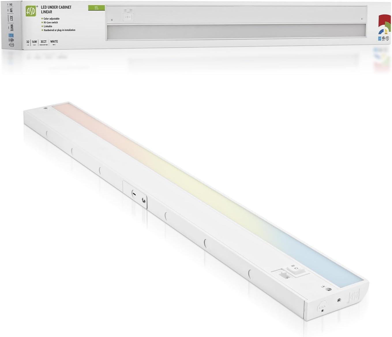 ASD LED Under Cabinet Lighting 32 Inch, Dimmable, Hardwired or Plug-in Installation, 3 Color Levels- 2700K/3000K/4000K, Linkable Kitchen Under Counter Lighting, ETL & Energy Star, White Finish