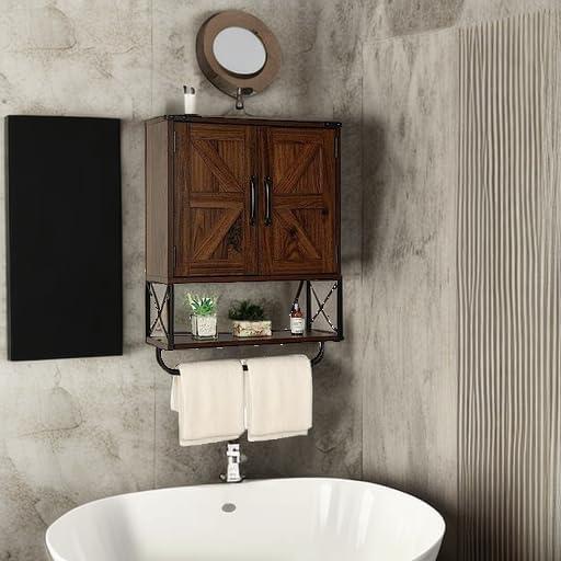 Farmhouse Rustic Medicine Cabinet With Two Barn Door,Wood Wall Mounted Storage Cabinet With Adjustable Shelf And Towel Bar, 3-Tier Cabinet For Bathroom, Living Room