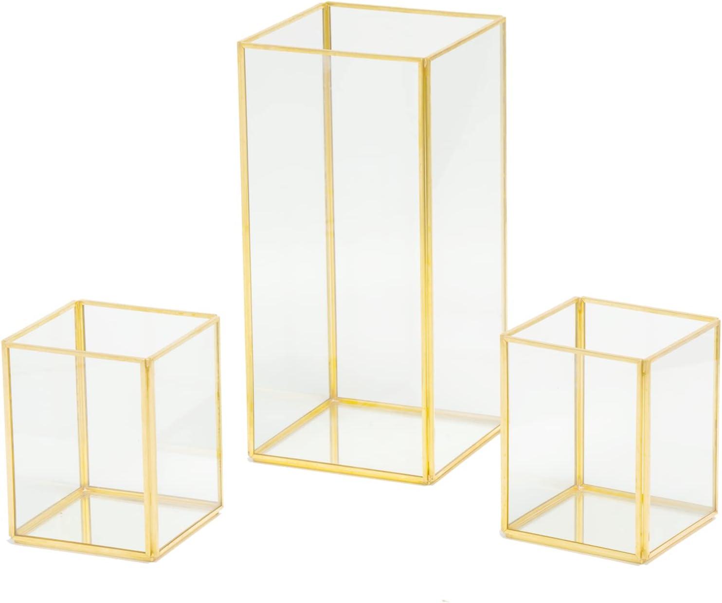 Phosphor Small Hurricane Candle Holder Set of 3 Pieces, Black Glass Candle Holder for Wedding, Party, Holiday.