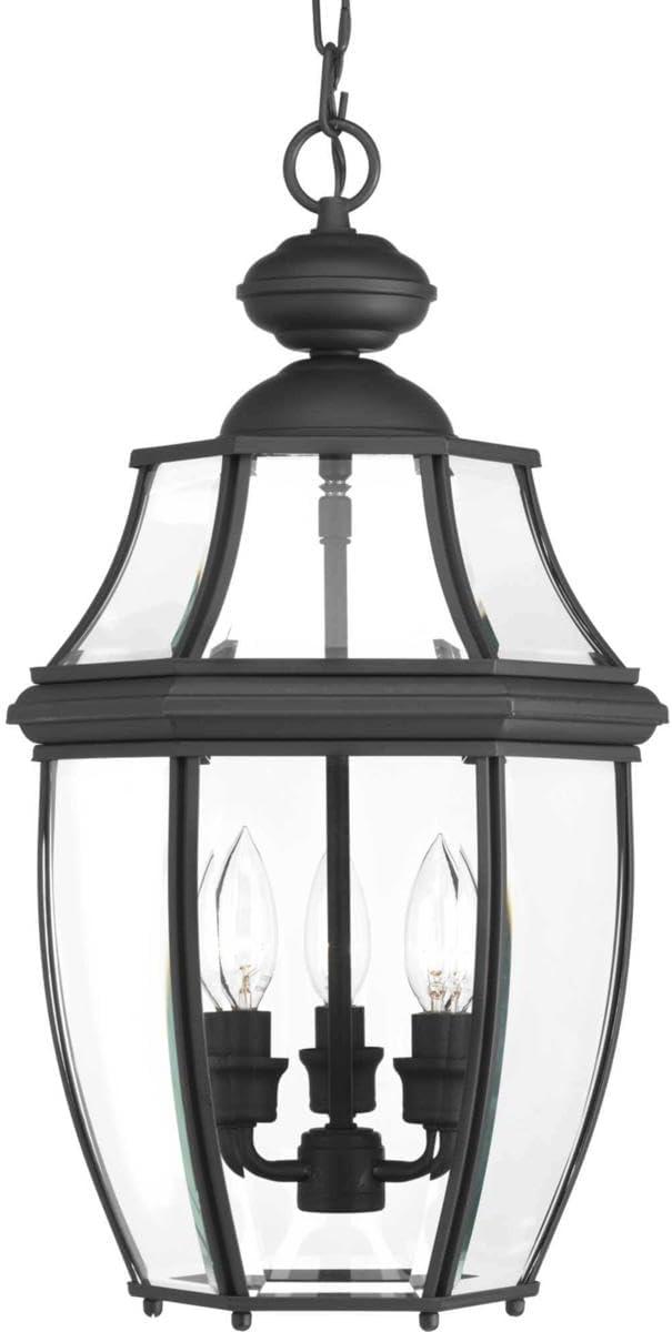 Progress Lighting New Haven 3-Light Outdoor Hanging Lantern, Black, Clear Beveled Glass